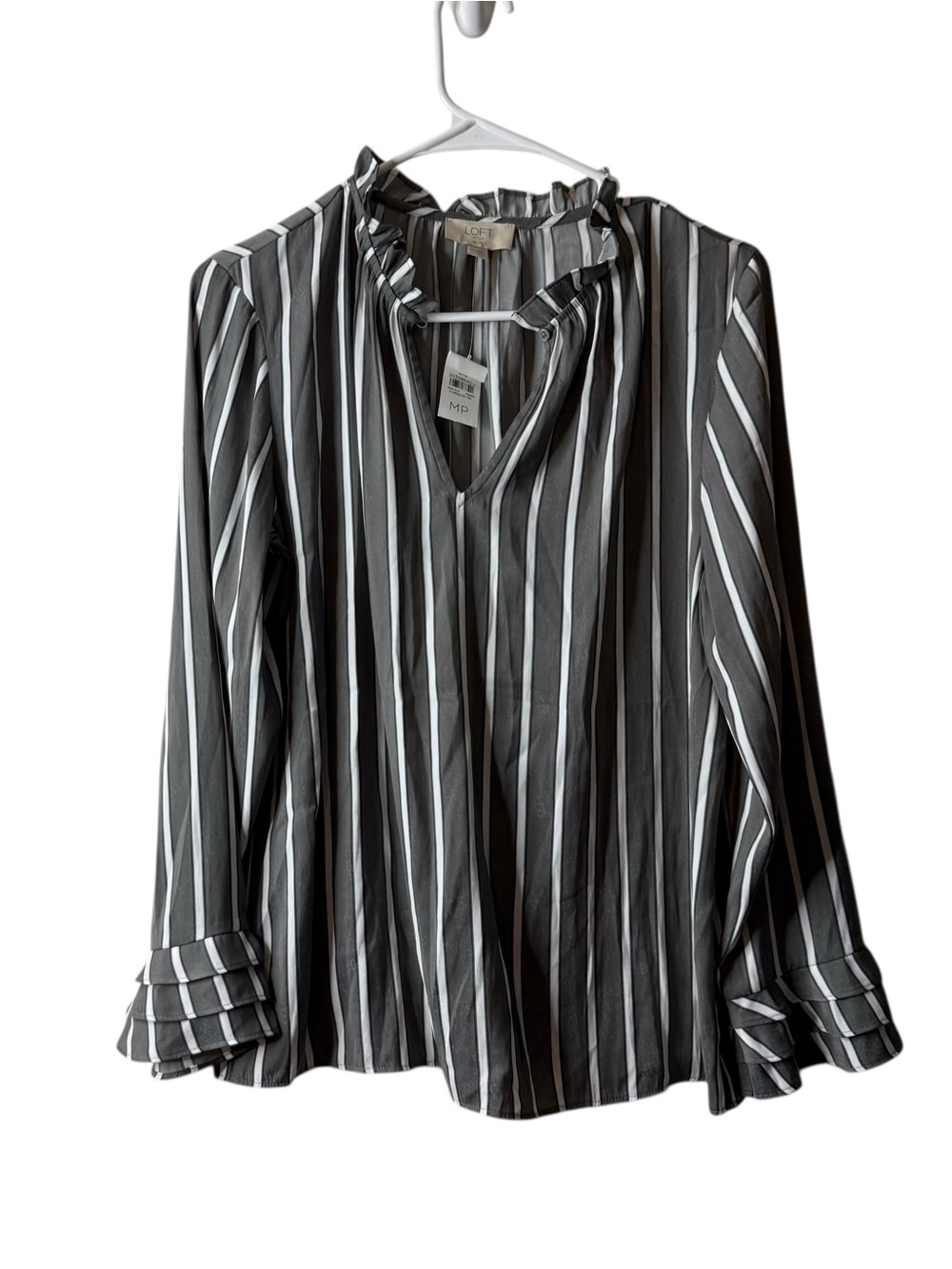 Loft Gray Striped Tie Neck Ruffle Sleeve Blouse NWT